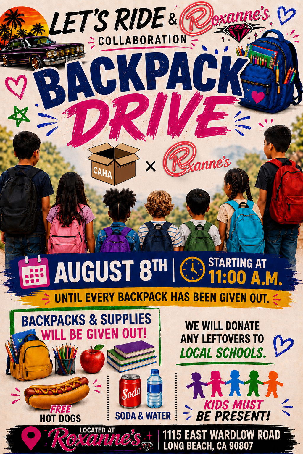 Let's Ride and Roxanne's Backpack Drive flyer for August 8 at Roxanne's in Long Beach.